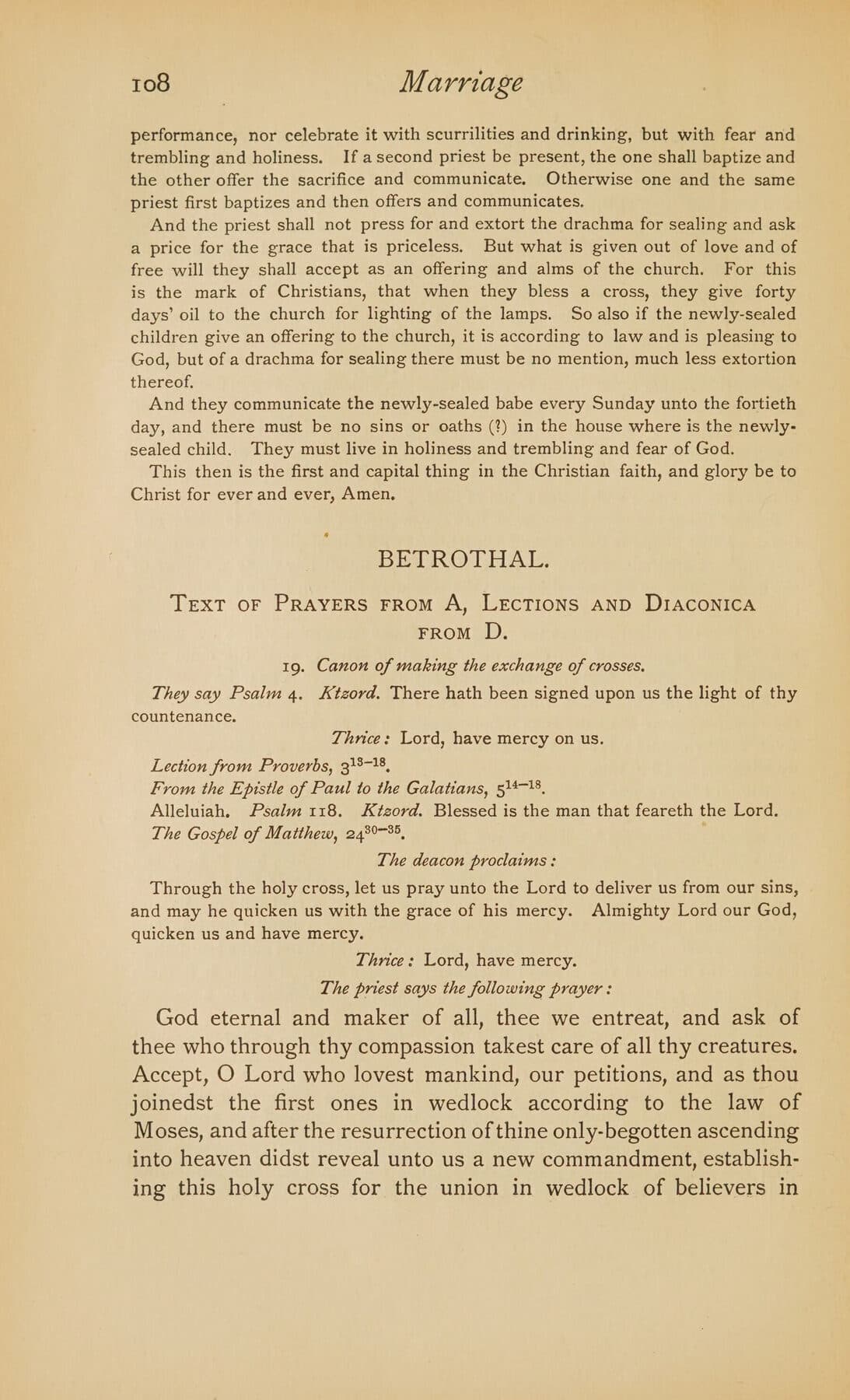 Էջ 1905 թվականի տպագիր գրքից, որի վերնագիրն է BETROTHAL, «19. Canon of making the exchange of crosses» խորագրով, սուրբգրային ընթերցումների ցանկով և քահանայի աղոթքի սկզբնամասով՝ խոշոր տառատեսակով։