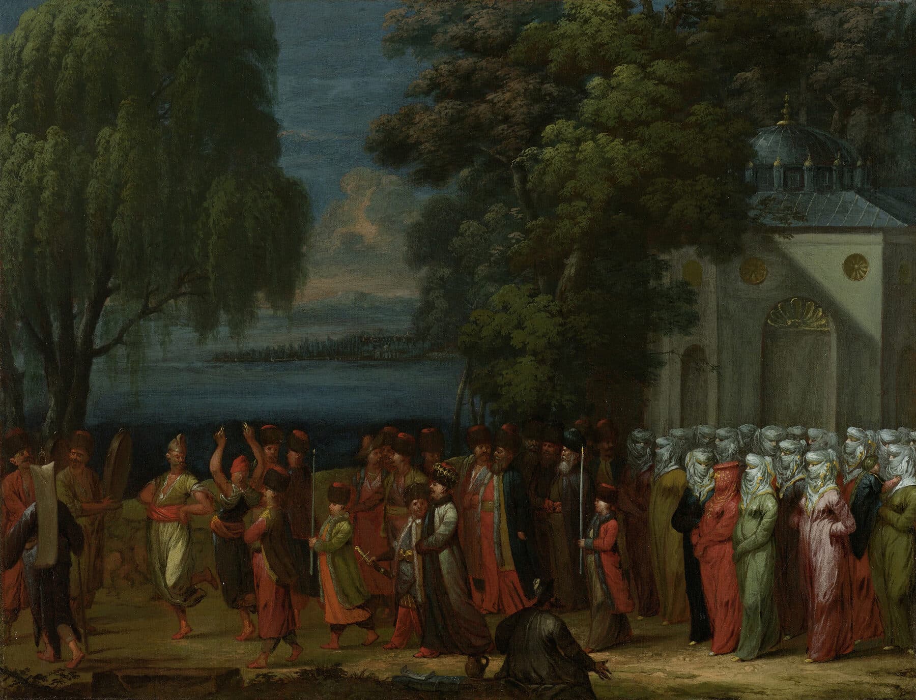 An 18th-century painting of an Armenian wedding procession walking to church — musicians lead, the bride in red is surrounded by family, a priest and elders among them.