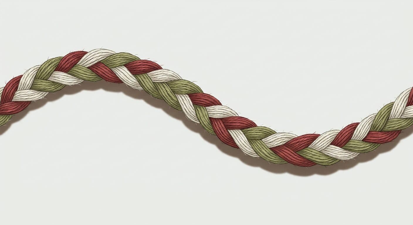 An illustration of three plied wool strands — deep red, olive-green, and undyed cream — worked into a three-strand braid.