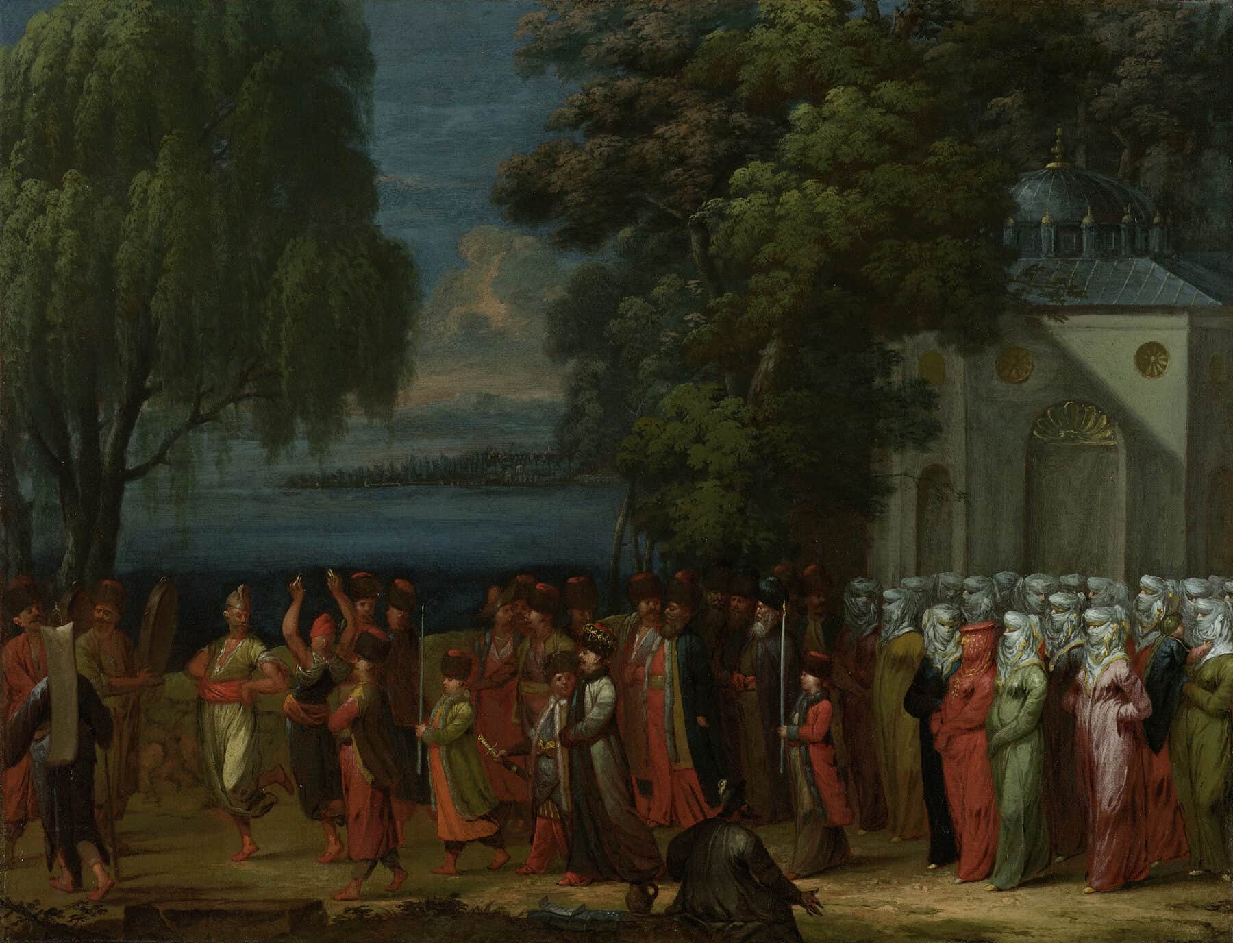 An 18th-century oil painting of an Armenian wedding procession — musicians and guests walk toward the church, the bride in red among veiled women.