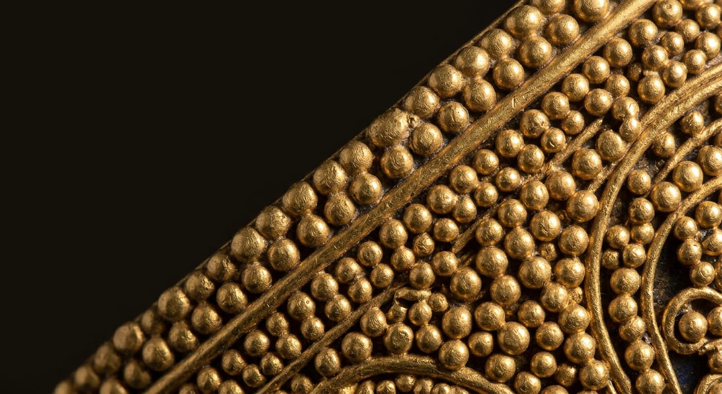 A deep-zoom view of Armenian goldwork — fused gold granules and fine drawn wire in the traditional manner, lit against a dark ground.