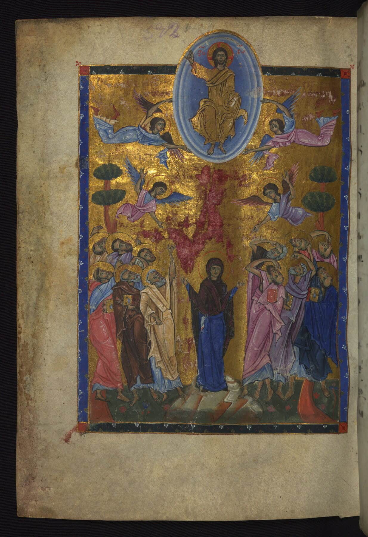 An illuminated Gospel page of the Ascension — Christ enthroned in a blue mandorla borne by angels above the Virgin and the apostles, on a gold ground.